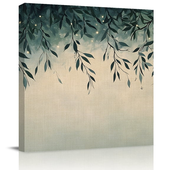 Country Retro Leaves Canvas Artwork Painting Art, Farm Vintage Green Branches Square Framed Wall Decorations Prints Picture for Bedroom Kitchen Living Room, 8x8 in