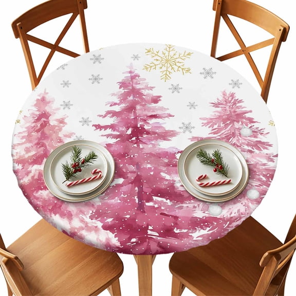 Christmas Round Tablecloth Pink Pine Tree Tablecloths with Elastic Edge Fitted Winter Golden Snowflake Table Cover,Waterproof Oil Proof for Dinner,Outdoor, Picnic, Party 36" - 44" DIA Tables