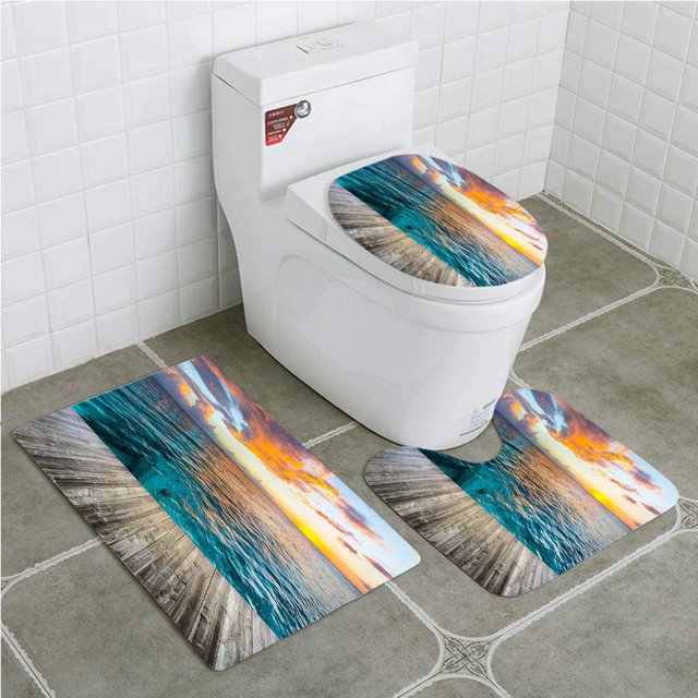 ABPHQTO Cubierta de madera en el mar Caribe al atardecer Juego de alfombras de baño de 3 piezas Alfombra de baño Alfombra de contorno y tapa de inodoro