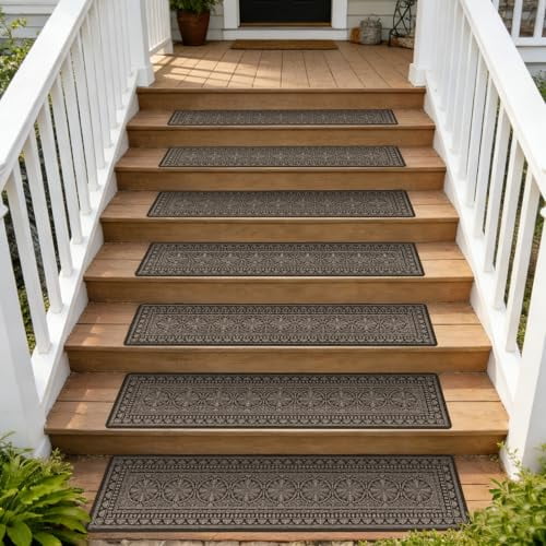 Outdoor Stair Treads 8” x 30” - 12-Pack Non Slip Stair Grip Tape for Wooden & Concrete Steps, Weatherproof High Traction Stair Strips for Stairs, 80-Grit Adhesive Step Treads (Brown)