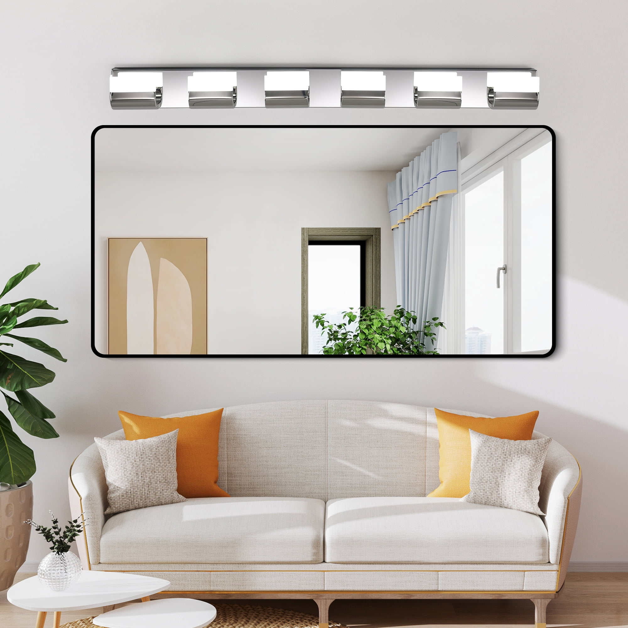 YANSUN 46.5 in Chrome Modern 6-Light LED Bathroom Vanity Light, 30W, Dimmable & 360° Rotatable, for Mirror, Shower, Dressing Room