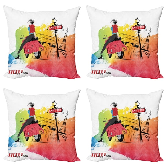 Ambesonne Retro Throw Pillow Cover 4 Pack, Tower Street Fashion, 16", Orange and Red