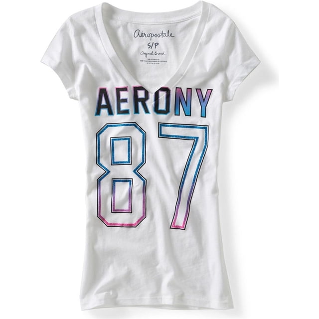 Aeropostale - Camiseta gráfica para mujer con cuello en V brillante Aero Ny 87, color blanco, pequeño