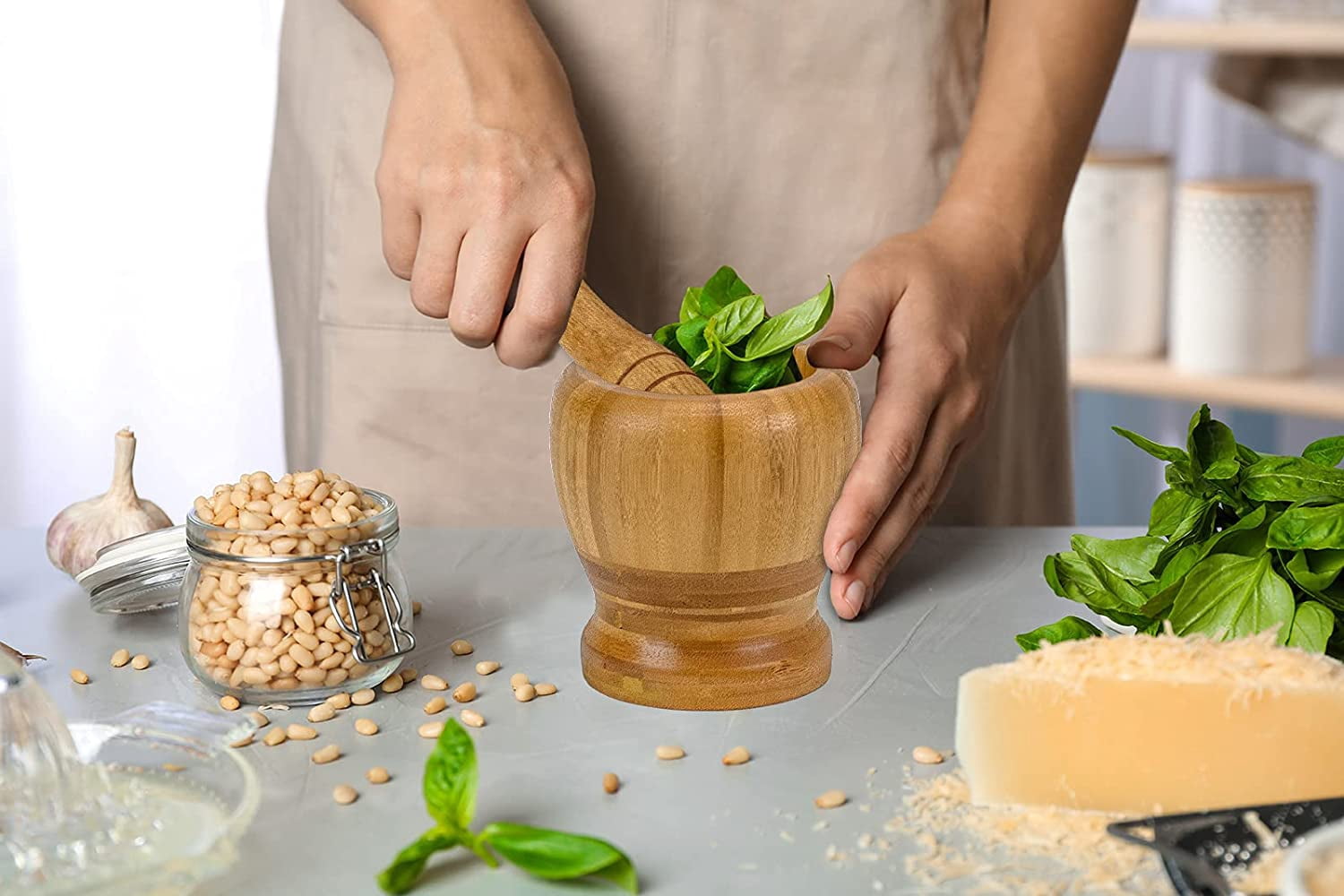 DecorRack Bamboo Mortar and Pestle, 4 inch