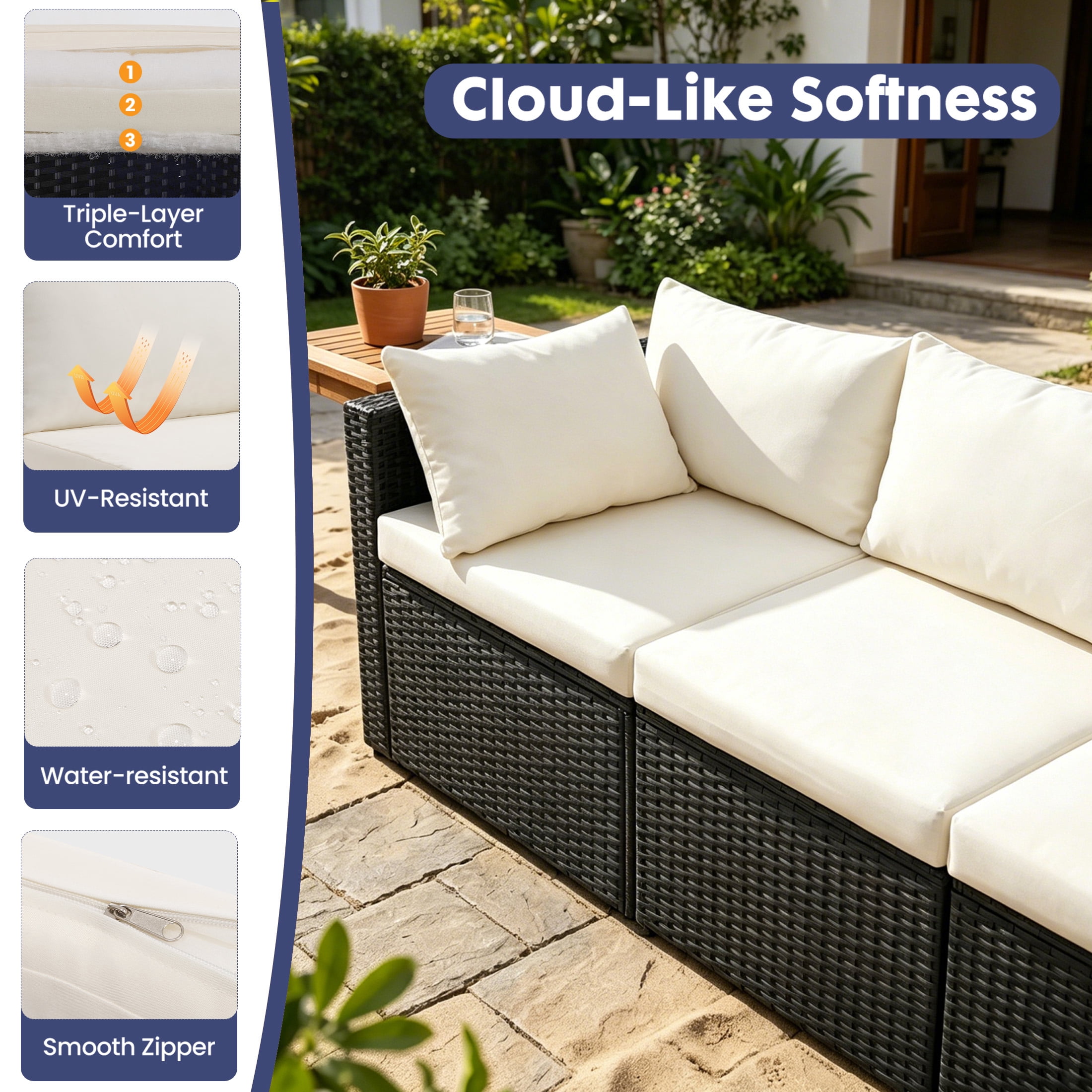 EDX 7 Piece Outdoor Wicker Patio Furniture Set, PE Rattan Sectional Conversation Set with Tempered Glass Coffee Table, Washable Cushions & Pillows for Backyard, Garden, Poolside, Black