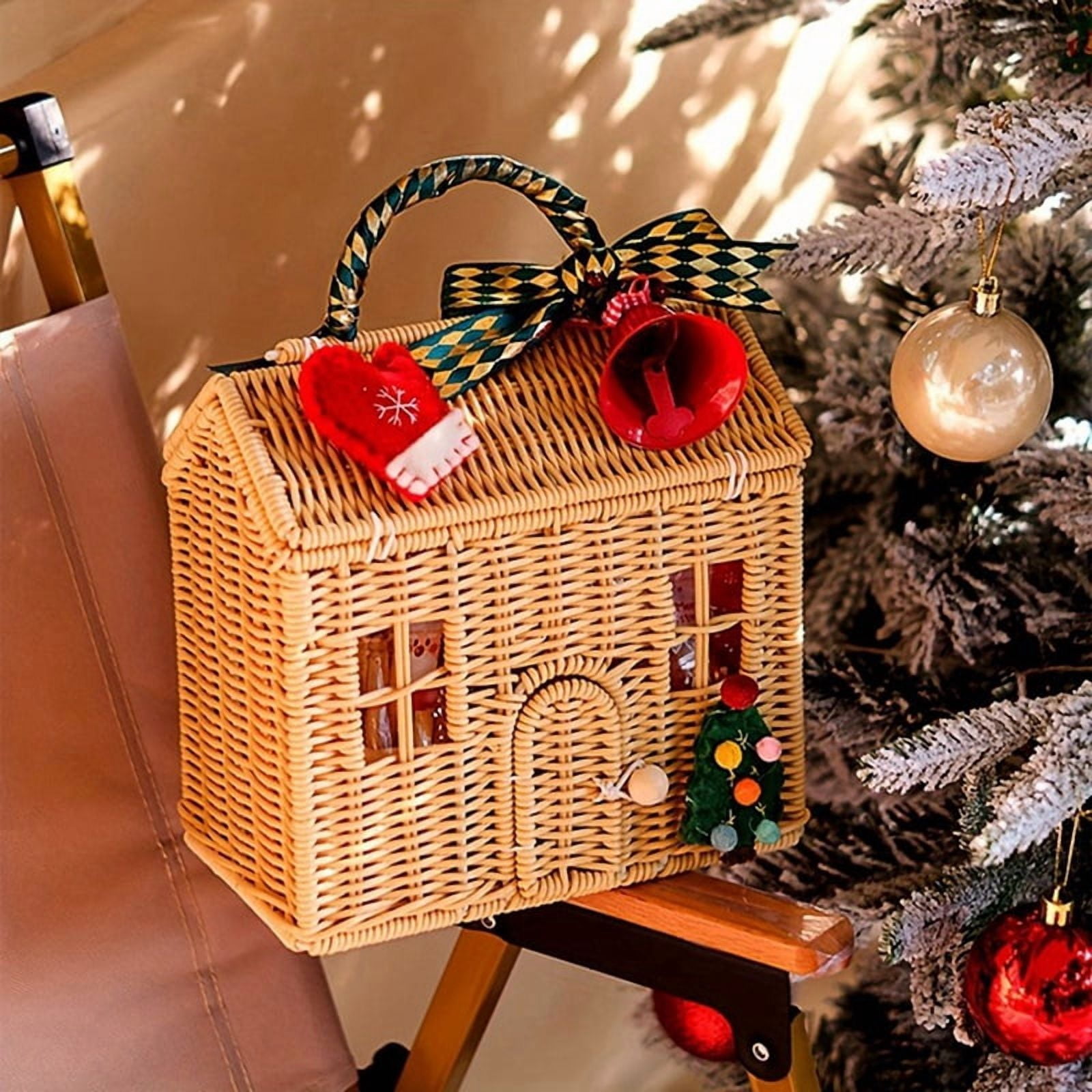 Rattan House Shaped Basket with Lid, Decorative Hand Woven Shelf Organizer with Folding Handle, Harvest Wicker Basket