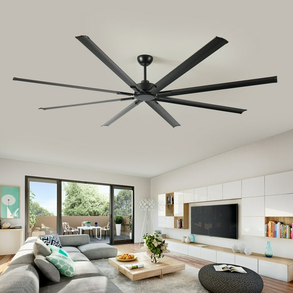 Noaman 96 Inch Industrial DC Motor Ceiling Fan with 8 Reversible Blades, 5-Speed Remote Control, Large Black Ceiling Fan for Porch/Garage/Shop/Home