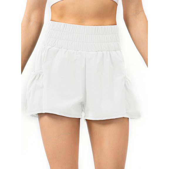 Yajisi Women Running Shorts 2-in-1 with Pockets Wide Waistband Coverage Layer Liner Workout Gym Shorts White M (11.81 in / 30 cm)