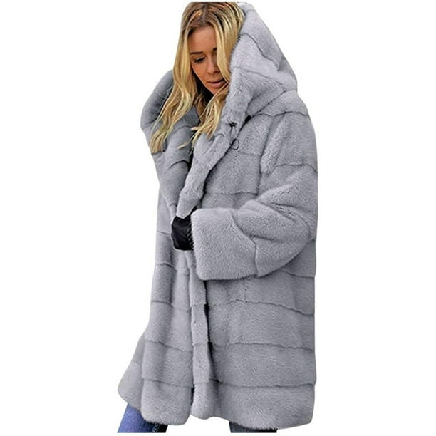 Chaqueta con capucha y abrigo de piel para mujer, cárdigan largo de gran tamaño, chaqueta de invierno, abrigo de piel sintética cálido para invierno (2XL)