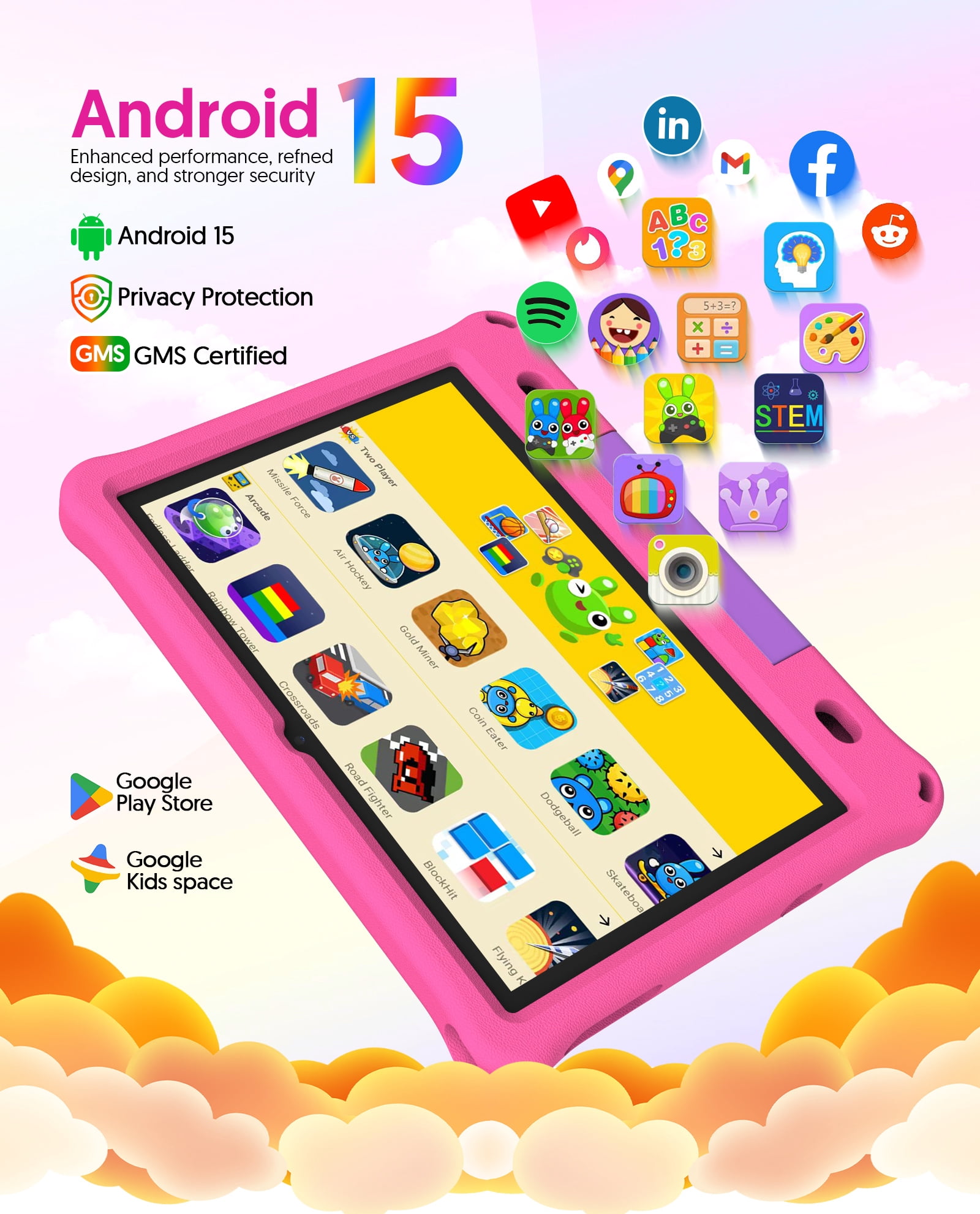 FITIFUN 10.1 inch Kids Tablet Android 15, 3GB RAM 64GB ROM 1TB Expand, Quad-Core, 5G/2.4G WiFi, 6000mAh, HD Display, Parental Control, Pink
