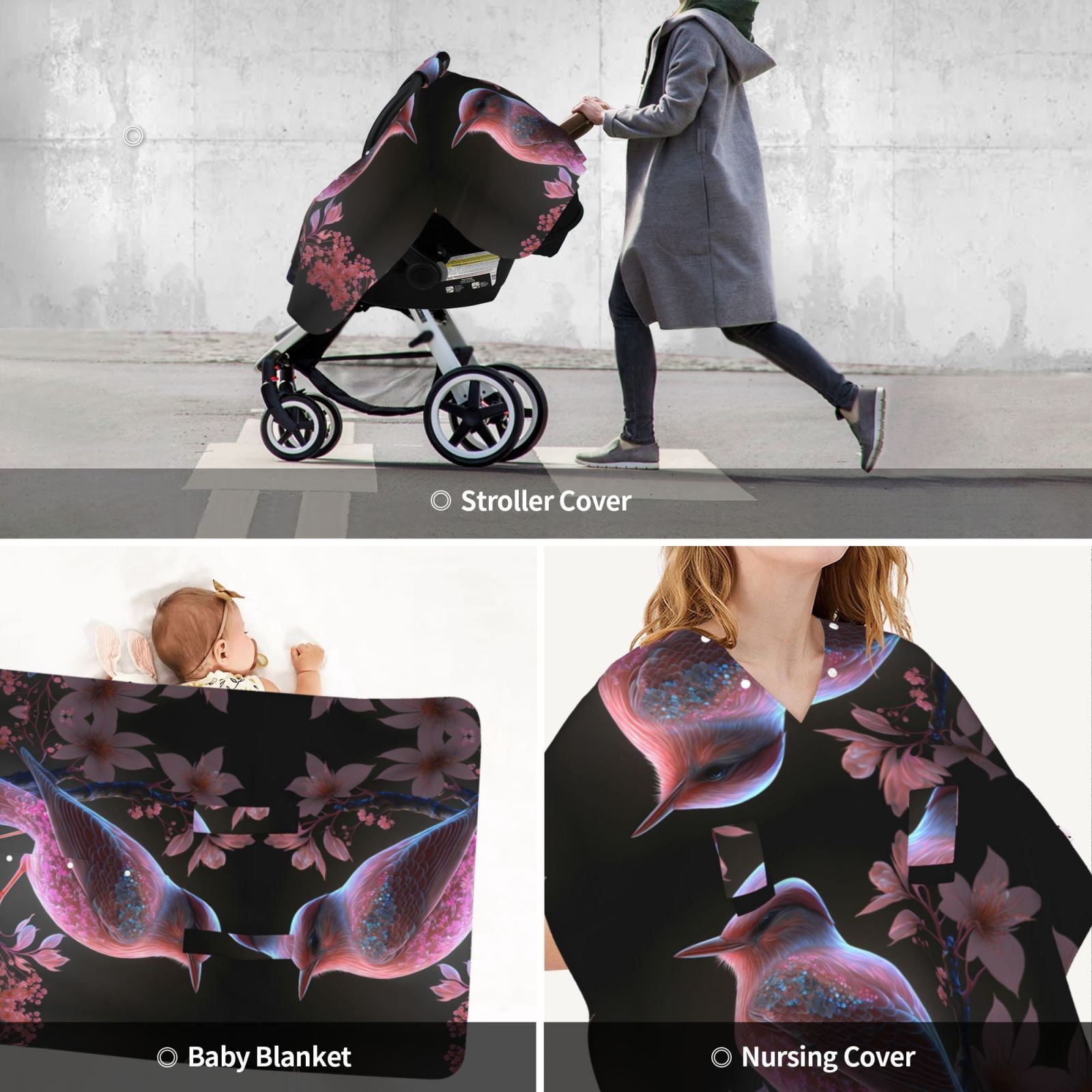 Car Seat Cover Baby - Pink Patterned Bird Breathable Infant Car Seat Cover for Baby Carseat, Lightweight Comfort Baby Essentials Must Haves Newborn Stuff for Girl Boy
