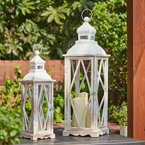 2 large white wood & silver steel 21" tall Candle holder Lantern terrace outdoor 