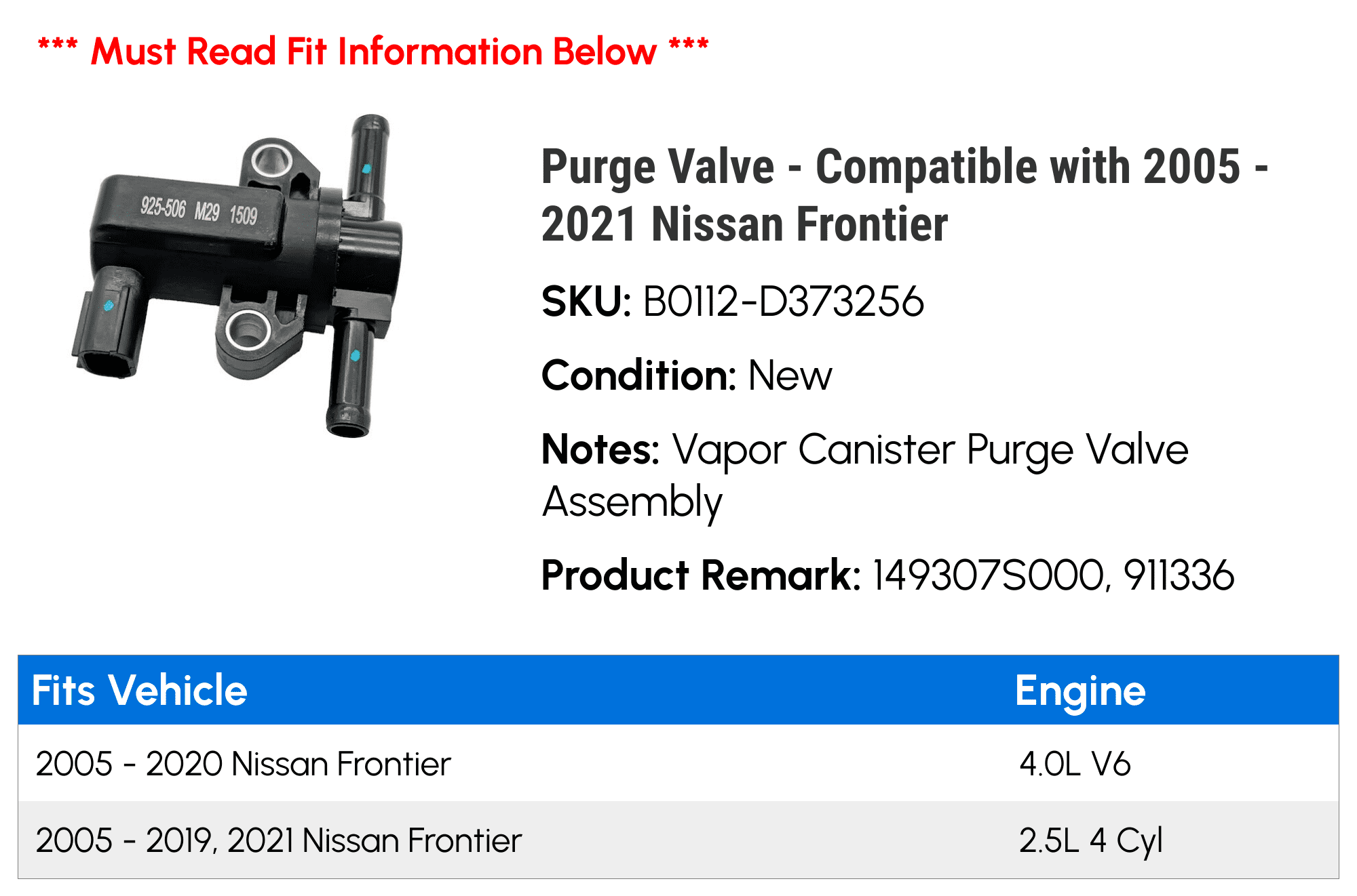 Purge Valve - Compatible with 2005 - 2021 Nissan Frontier - Replacement