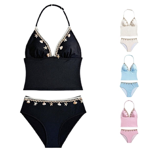 HCYSFG Girls Bikini Seashell Accented Triangle Halter Top Swimsuit Sleeveless Teenager Active Beachwear Sets 2 Piece