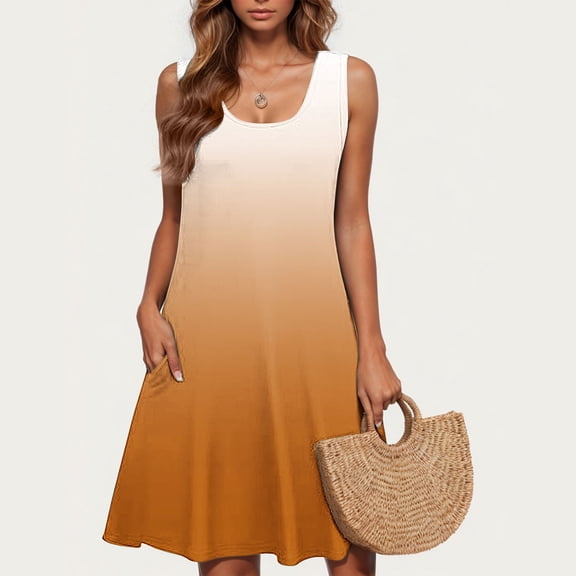 Summer Dress For Women Ladies' Fashion Trend Print Sleeveless Round Neck Knee Length Skirt Orange M
