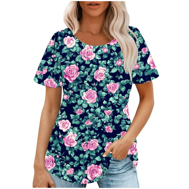 Staron Hauts d'Été pour Femmes 2025 Plissés Chic Décontracté Sortie Blouses à Fleurs Manches Courtes Tendance Mode Été Col Rond Hauts T-Shirts