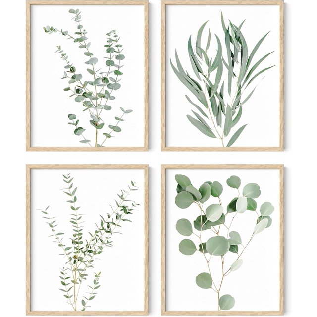 Haus and Hues Impresiones botánicas enmarcadas – Juego de 4 imágenes enmarcadas de plantas para pared, decoración botánica, decoración de eucalipto (marco beige de 8 x 10)