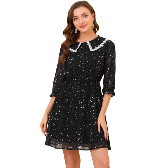 Unique Bargains Robe à Manches 3/4 à Volants avec Col Rabattu et Imprimé Étoiles et Pois pour Femmes