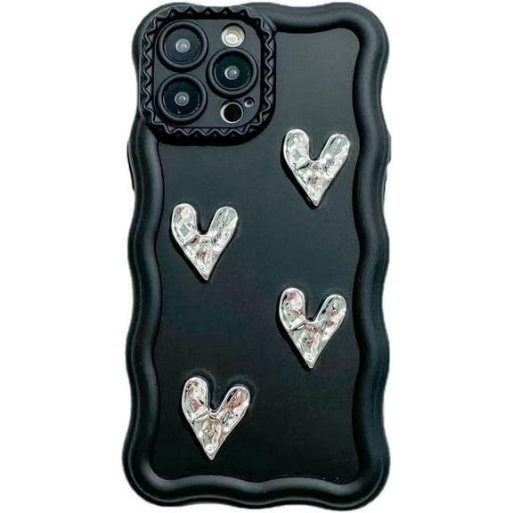 Handmade Wavy Frame 3D Pleated Love Heart Soft for iPhone Case (Black,iPhone 12 Pro Max)