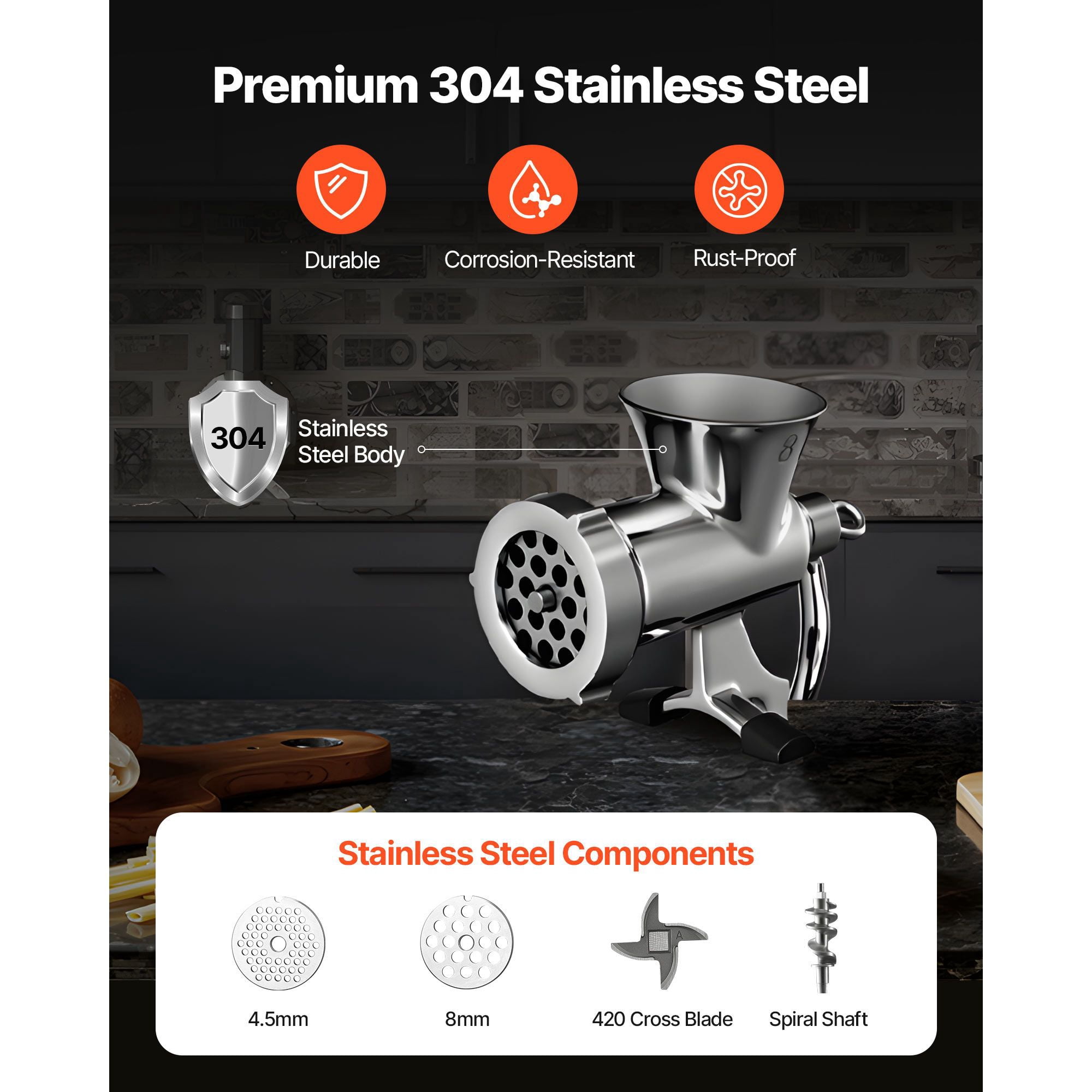 Manual Meat Grinder 304 Stainless Steel Table Clamp with Sausage Tubes for Kitchen Barbecue Camping