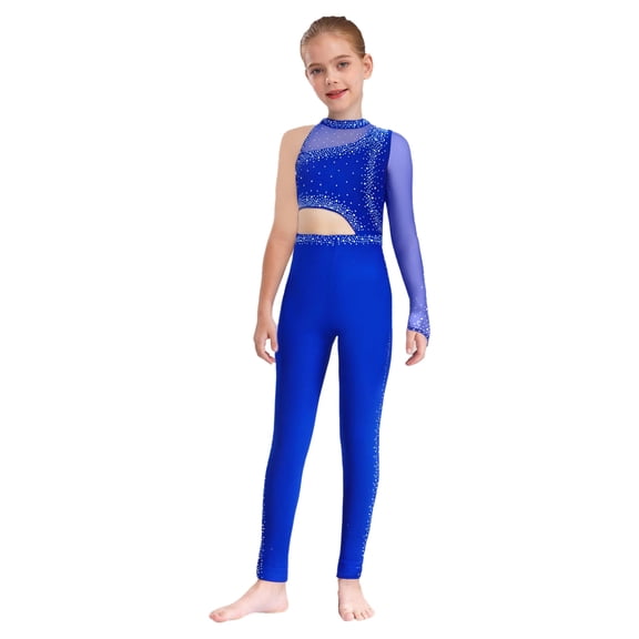 HULIJA Kids Girls Spakrly Rhinestones Gymnastics Unitards One Sleeve Sheer Mesh Figure Skating Jumpsuit Royal Blue 12