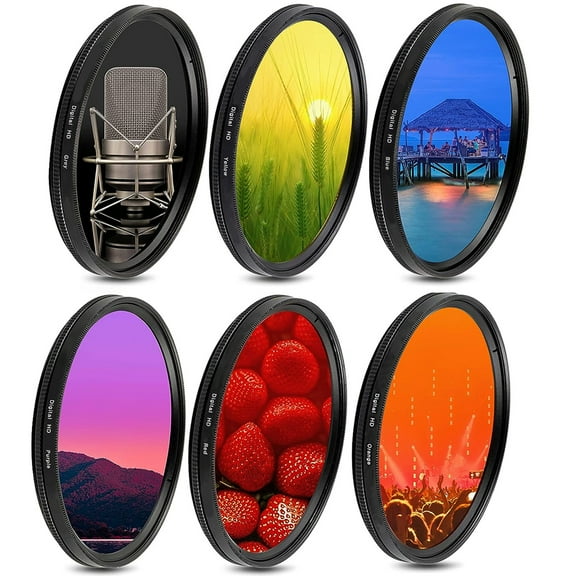 Acuvar 58mm 6 Piece Full Gradual Color Lens Filter Kit Set with Orange, Yellow, Blue, Purple, Red, Grey Colors, Professional Grade for Canon Nikon Sony Pentax Olympus Fuji DSLR Lens