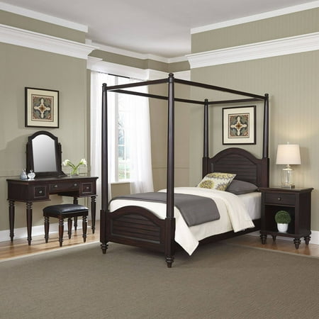Home Styles Furniture Bermuda Espresso Twin Canopy Bed, Night Stand and Vanity with Bench