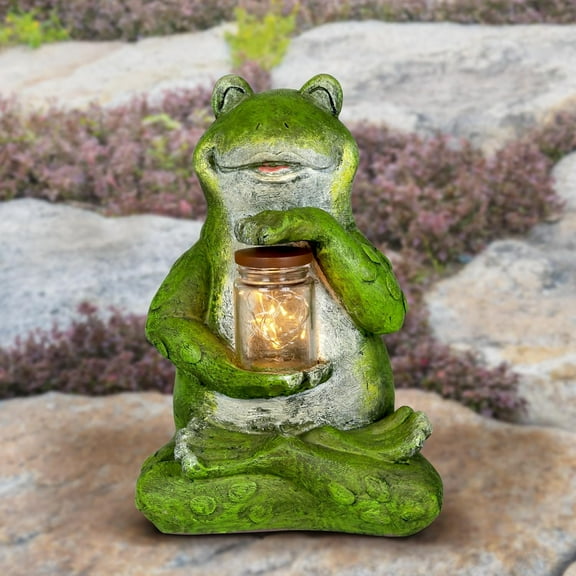 Exhart Garden Sculpture, Frog Solar Garden Statue with Glass Jar, 8 LED Firefly Lights, Outdoor Garden Decoration, 7 x 6 x 11 Inch