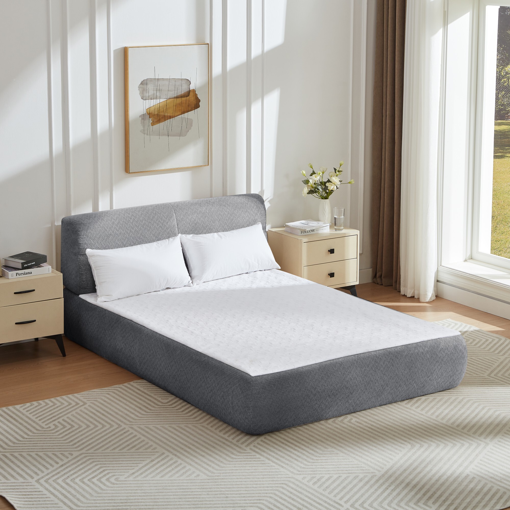DEALTOPS Modern Upholstered Chenille Bed, Compressed Platform Bed with Spring Support, No Assembly, Gray