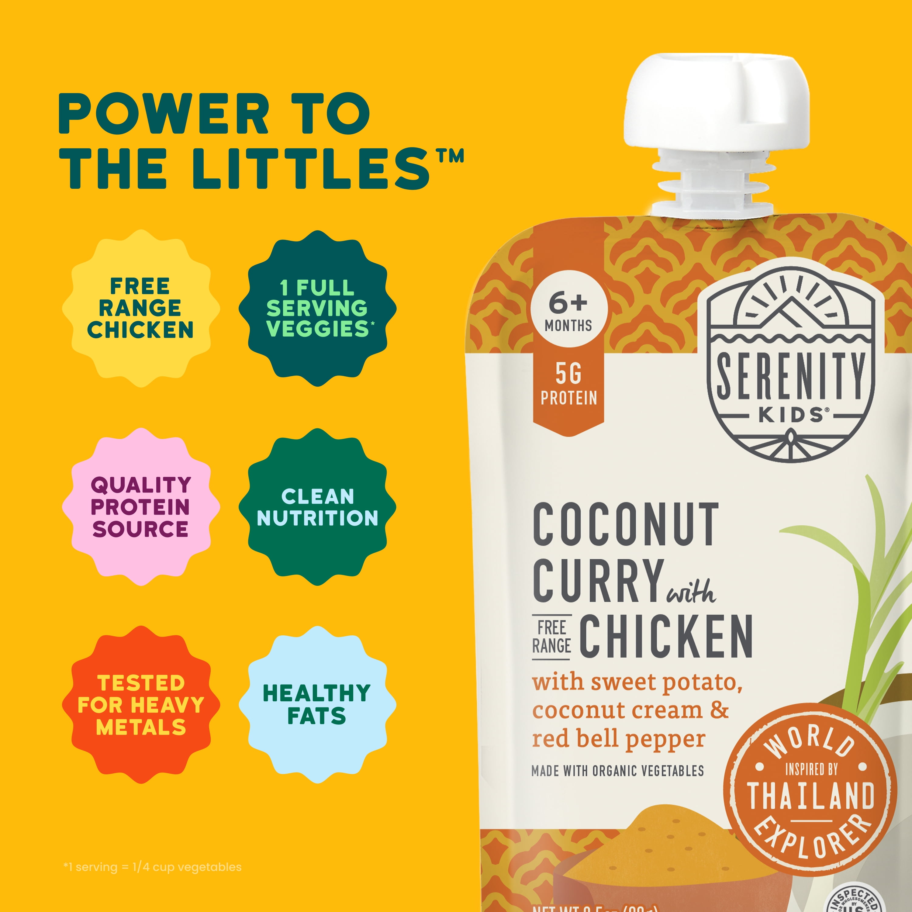 (6 pack) Serenity Kids Stage 2 World Explorer Coconut Curry Baby Food, Free Range Chicken & Organic Veggies, 3.5oz