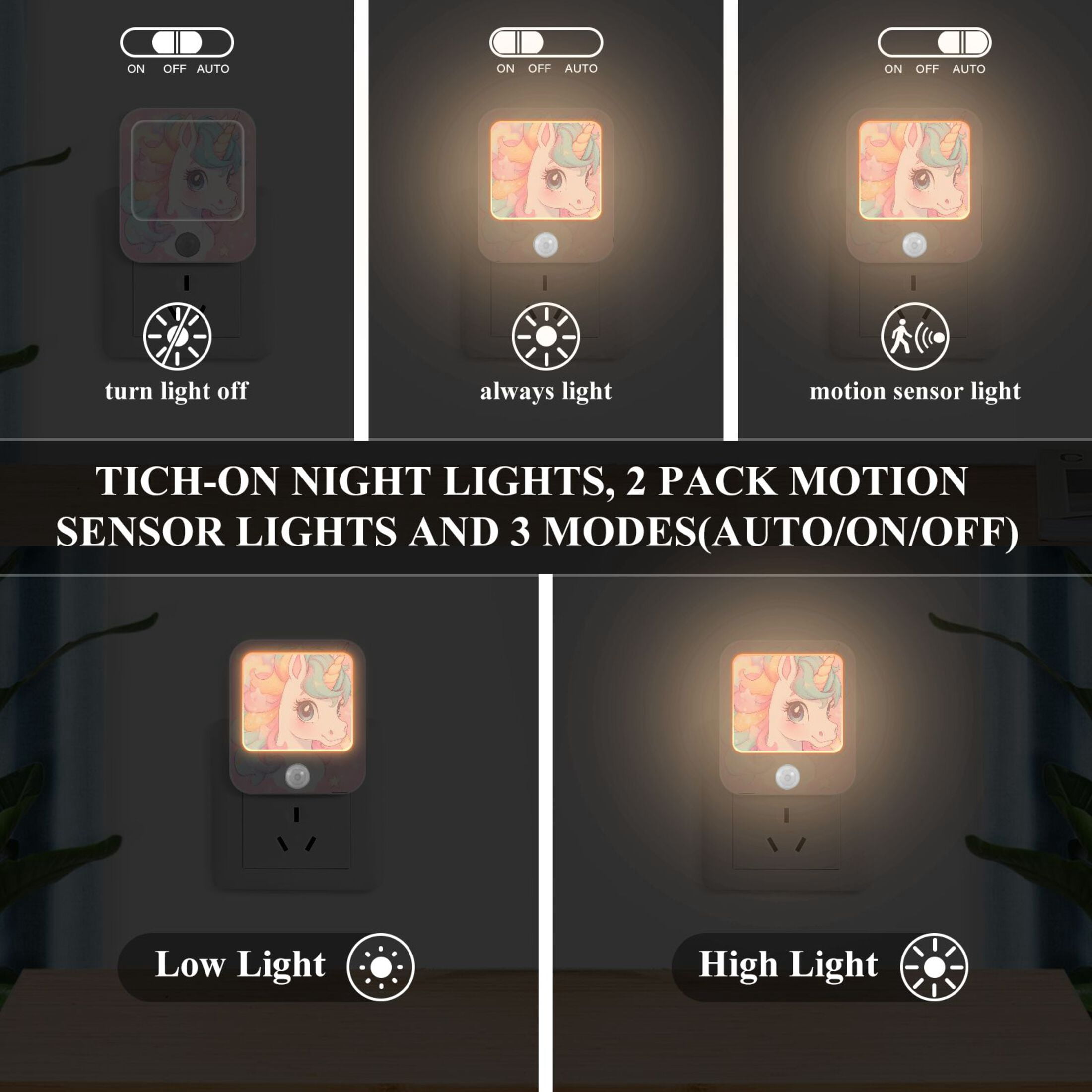 WOBOGO Cute Baby Pony Night Light Lamp with Smart Sensor Dusk to Dawn Sensor 0.6W Plug-in 2-Pack
