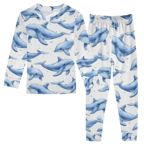 joogoo Cartoon Whales 2 Piece Long Sleeve Tee and Pants Cotton Pajama Set 5Y