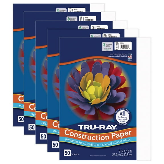 Tru-Ray Construction Paper, Heavyweight, White, 9" x 12", 50 Sheets Per Pack, 5 Packs
