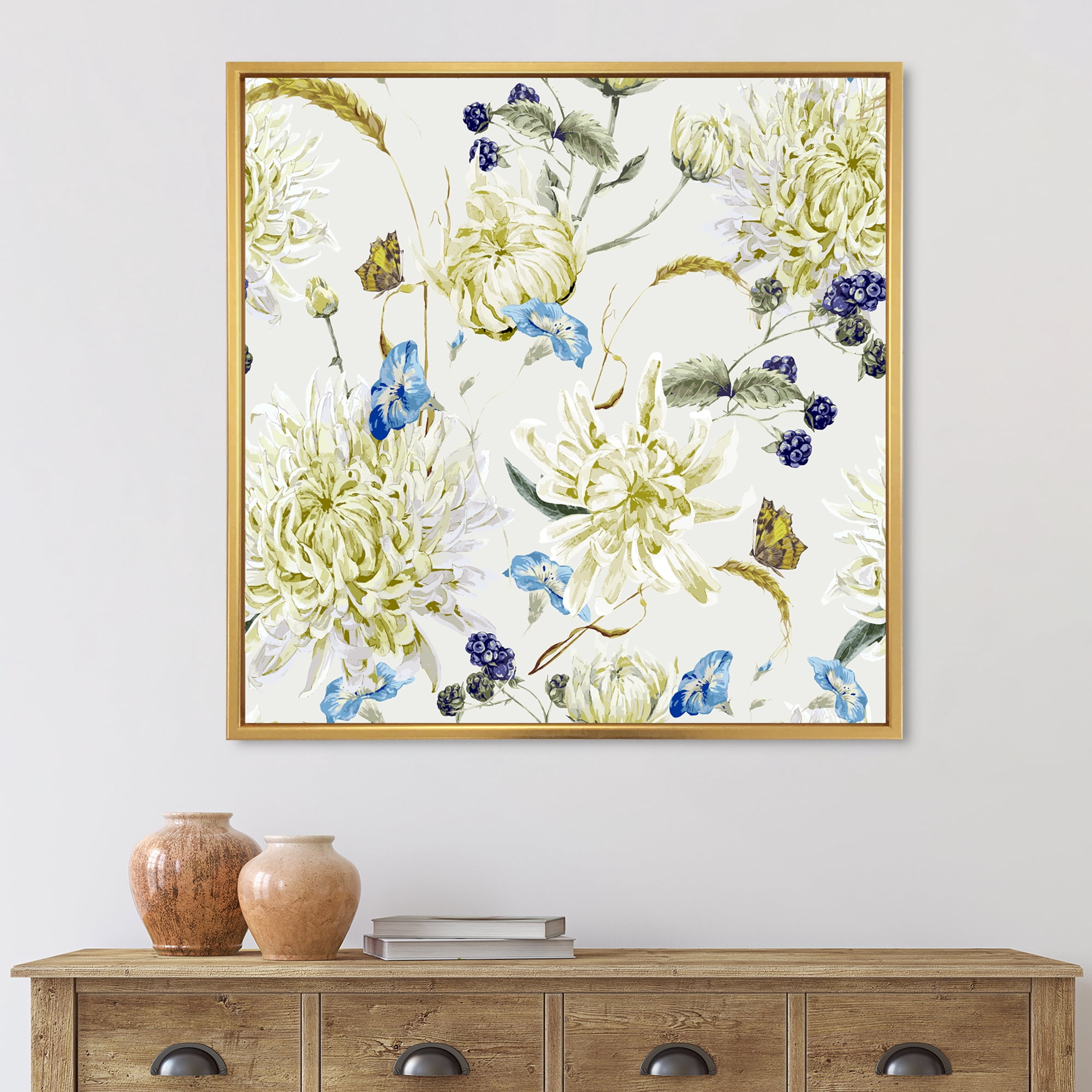 Designart 'Ancient Yellow Chrysanthemus II' Traditional Framed Canvas Wall Art Print