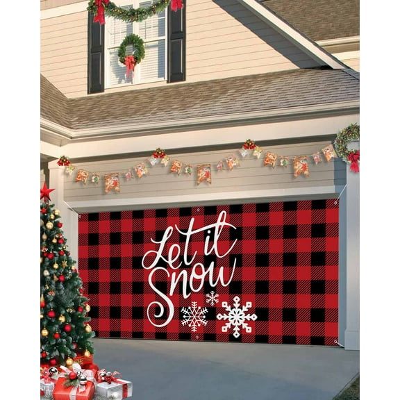 Garage Door Banner Cover 7 x 8 ft, Christmas Snowflake Buffalo Plaid Christmas Garage Door Decorations Holiday Christmas Backdrop Decor for Winter New Year Xmas Party