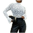 thumbnail image 3 of Women's Floral Lace Mock Neck Long Flounce Sleeve Pullover Sheer Slim Fit Stand Collar Blouse Top White XL, 3 of 9