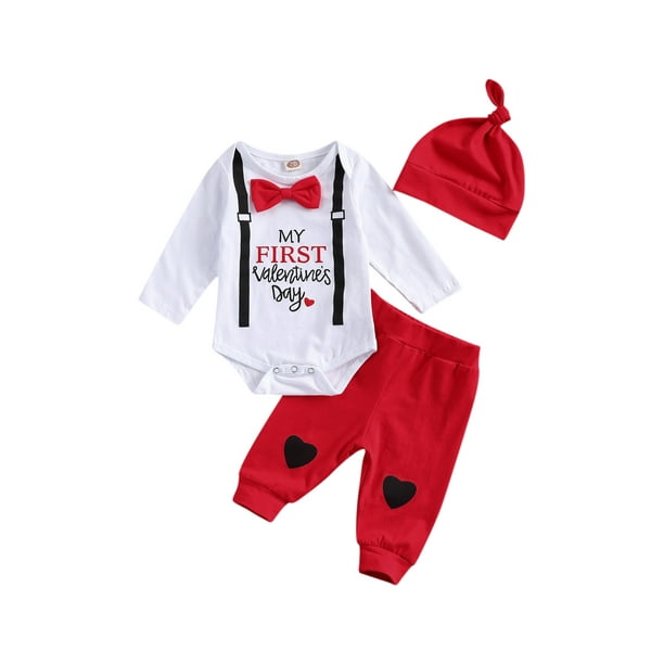 Traje del día de San Valentín Bebé niño niña Mi primer día de San Valentín Mameluco de manga larga y pantalones de corazón Conjunto de ropa XBTCLXEBCO Blanco, 0-3 meses