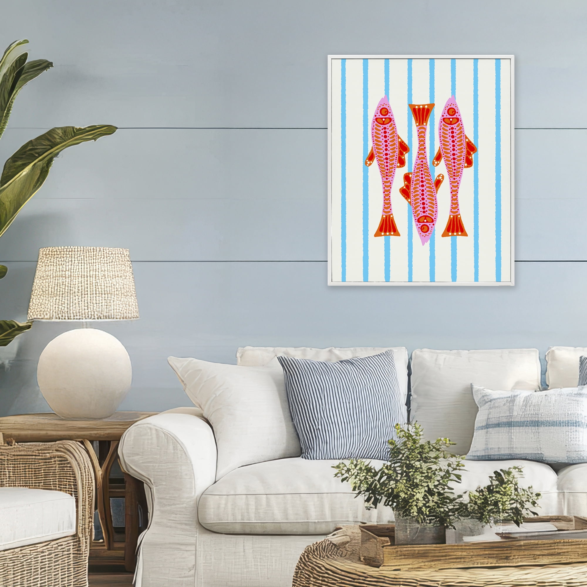 Stupell Industries Bright Aquatic Fish on Stripes White Framed Giclee Art, design by Indira Prieto | IndySign