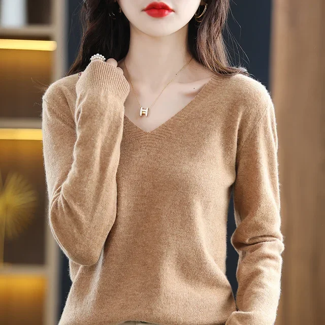 Women's Slim Fit V-Neck Sweater - Perfect for Spring, Autumn, and Winter - Korean Knitted Tops for Casual Comfort Pink