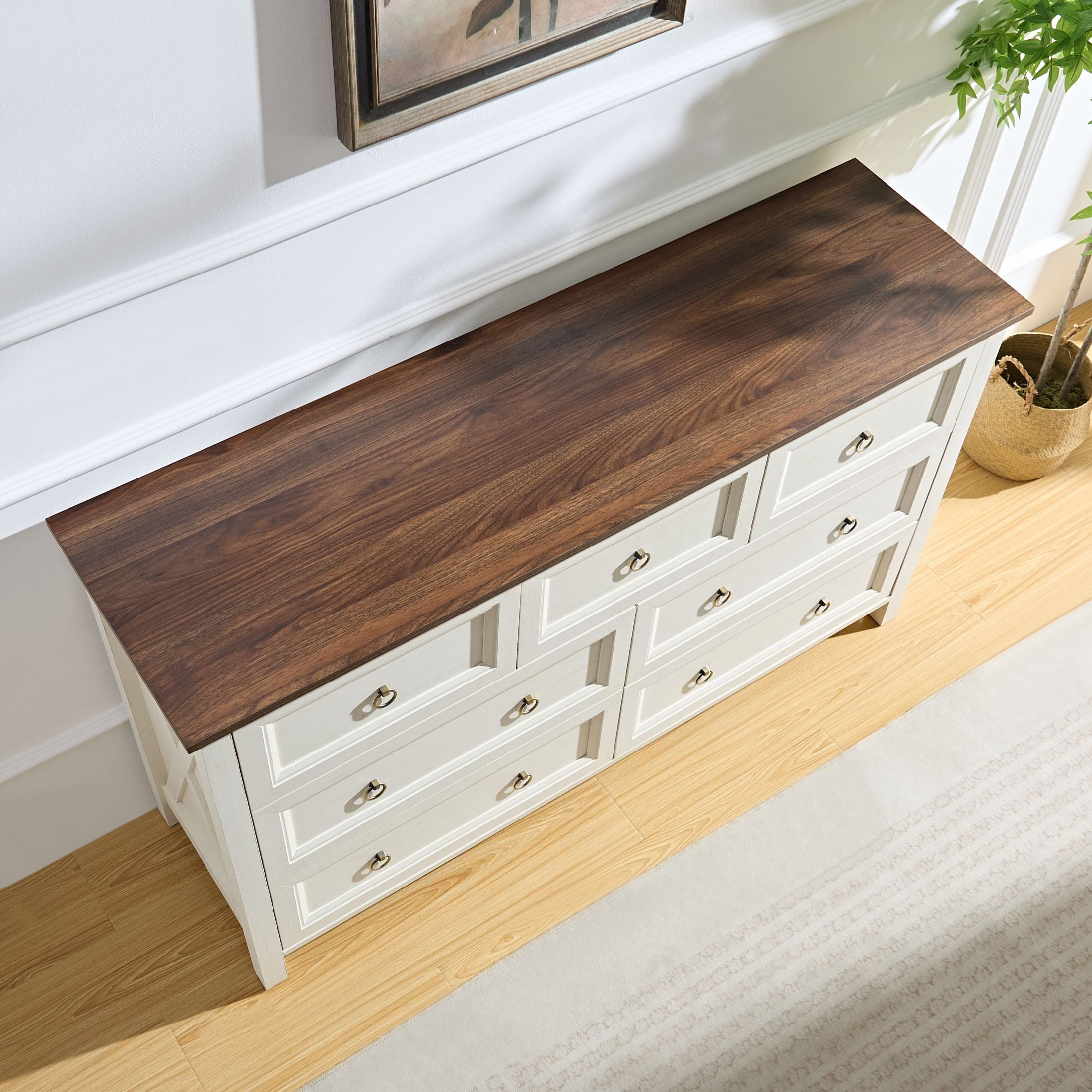 AENKYO Farmhouse Dresser with 7 Drawers, Storage Drawer Chest for Home, Cream White & Rustic Brown Finish