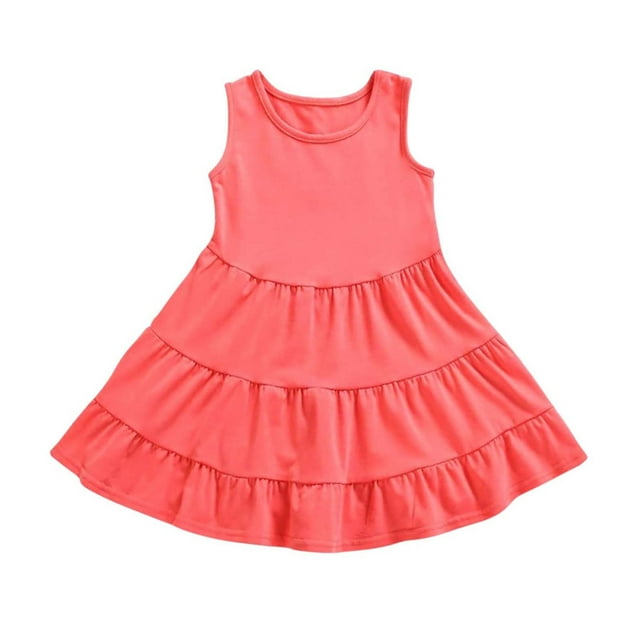 Bwiyojiz Robe Sans Manches à Col Rond Tailles Mode 100-160 en Coton pour Filles, Été, Décontractée, Couleur Unie, Plage, Vacances, 3 Ans, Cadeaux pour la Famille, Rouge