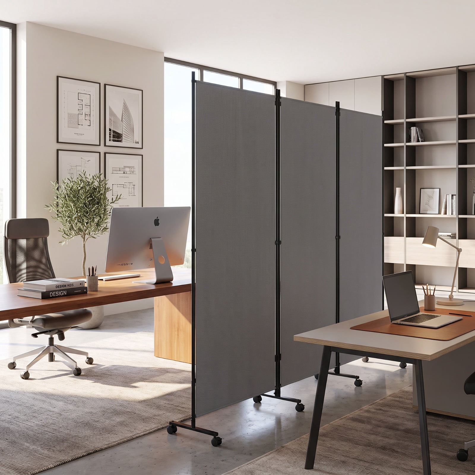 Vebreda 6-Panel Rolling Room Divider Folding Privacy Screen with Lockable Wheels, Freestanding Fabric Partition for Bedroom Office Studio, Gray