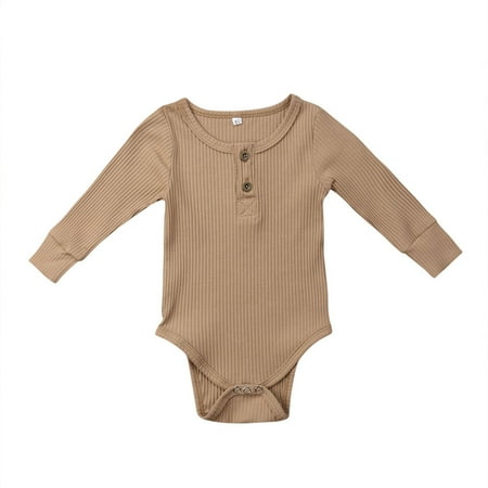 

wybzd Infant Baby Boys Girls Bodysuit Stripes Button Decoration Solid Jumpsuit Outfits Sunsuit Kids Clothes Khaki 18-24 M