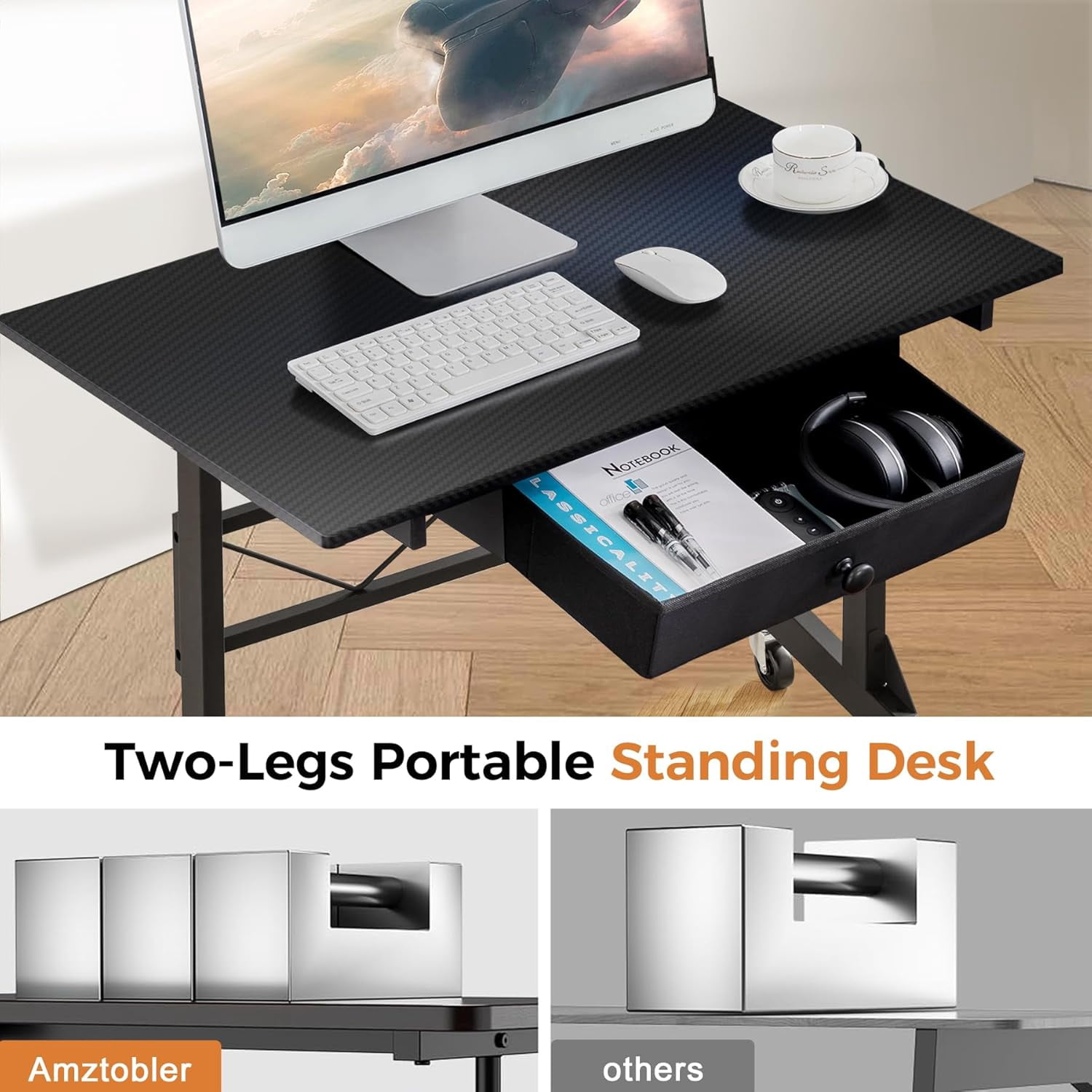 Small Standing Desk Adjustable Height with Wheels and Drawer, 32 Inch Portable Computer Workstation for Home Office