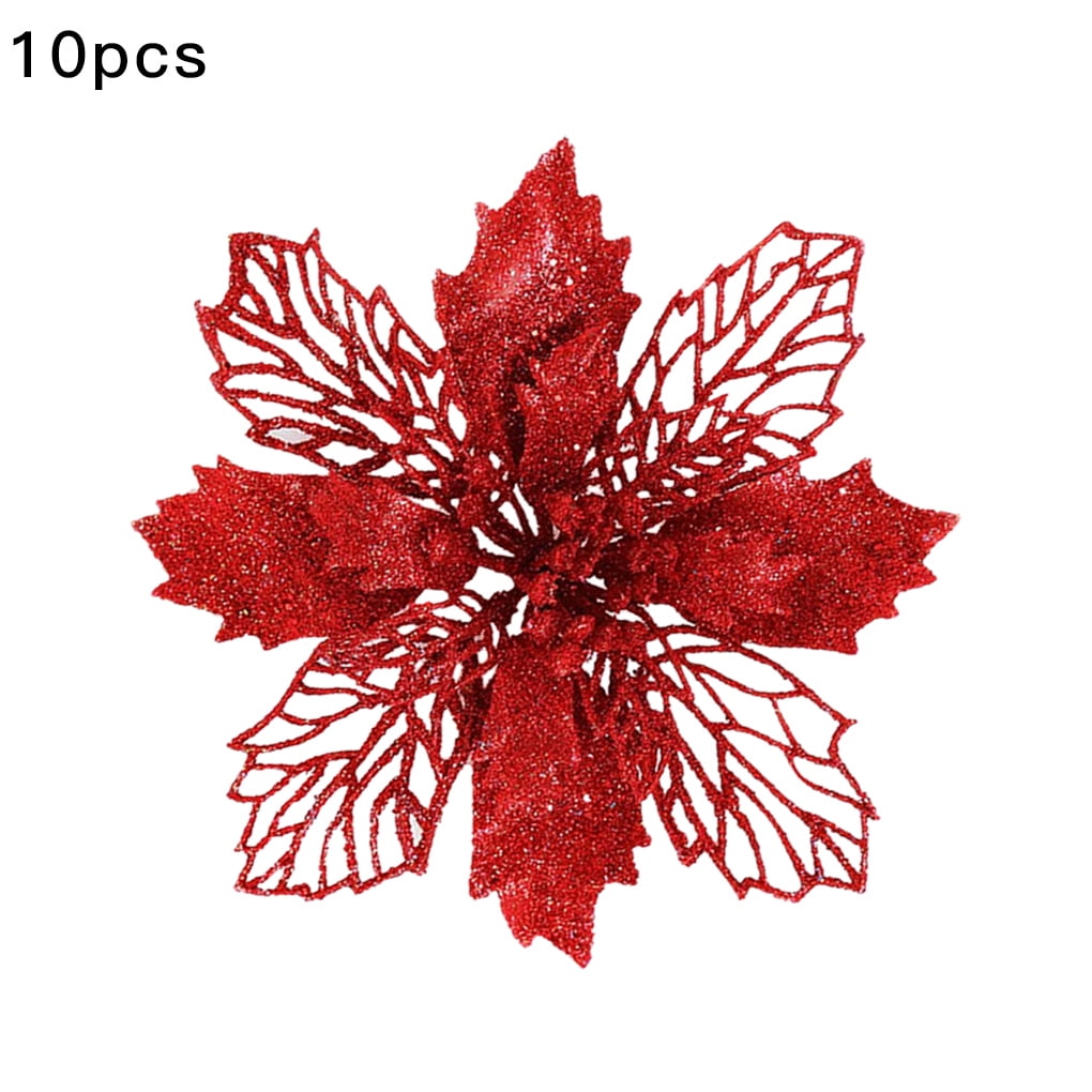 Christmas Glitter Poinsettia Artificial Flowers, Christmas Tree Decorative Flowers, 10pcs 6.3Inch Glitter Christmas Flowers Artificial for Decoration Christmas Tree Ornaments - by Viemira