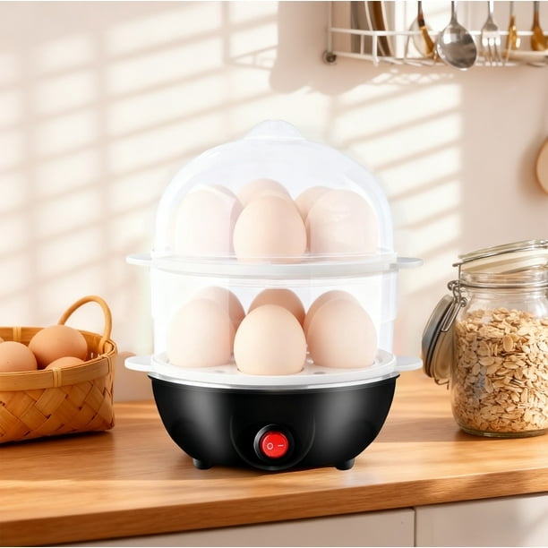 Mini Egg Cooker Acero inoxidable | Máquina de huevos cocidos eléctricos de doble capa | Cocina hasta 14 huevos | Aparato compacto para ahorrar espacio | Apagado rápido y automático | Negro Azul Rosa