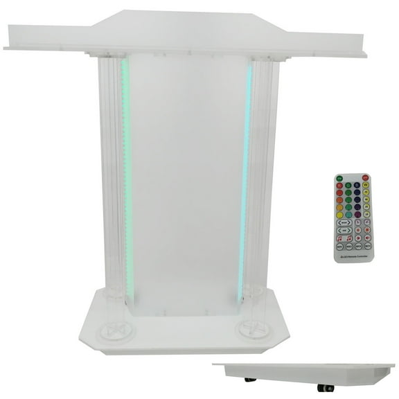 INTBUYING Speech Podium Acrylic Clear Lectern Pulpit with LED & Wheels 110-220V