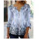 thumbnail image 2 of Tops de manga de siete cuartos para mujer, camiseta elegante con estampado de flores botánicas, blusa holgada informal con botones y cuello en V, 2 of 5