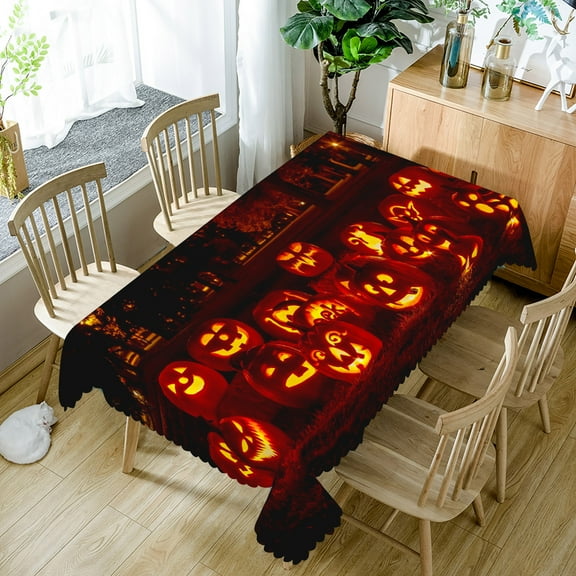 Lfeey Wicked Pumpkin Lights Halloween Tablecloth, Waterproof Wipeable Rectangular Tablecloth, 36x55 inch, Black