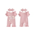 thumbnail image 2 of BemeyourBBs Newborn Baby Girls Little Sister Outfit Waffle Knit Ruffle Romper Little Sis Letter Embroidery 3D Floral Short Sleeve Infant Bodysuit Jumpsuit Headband Cute Baby Girl Summer Clothes, 2 of 9